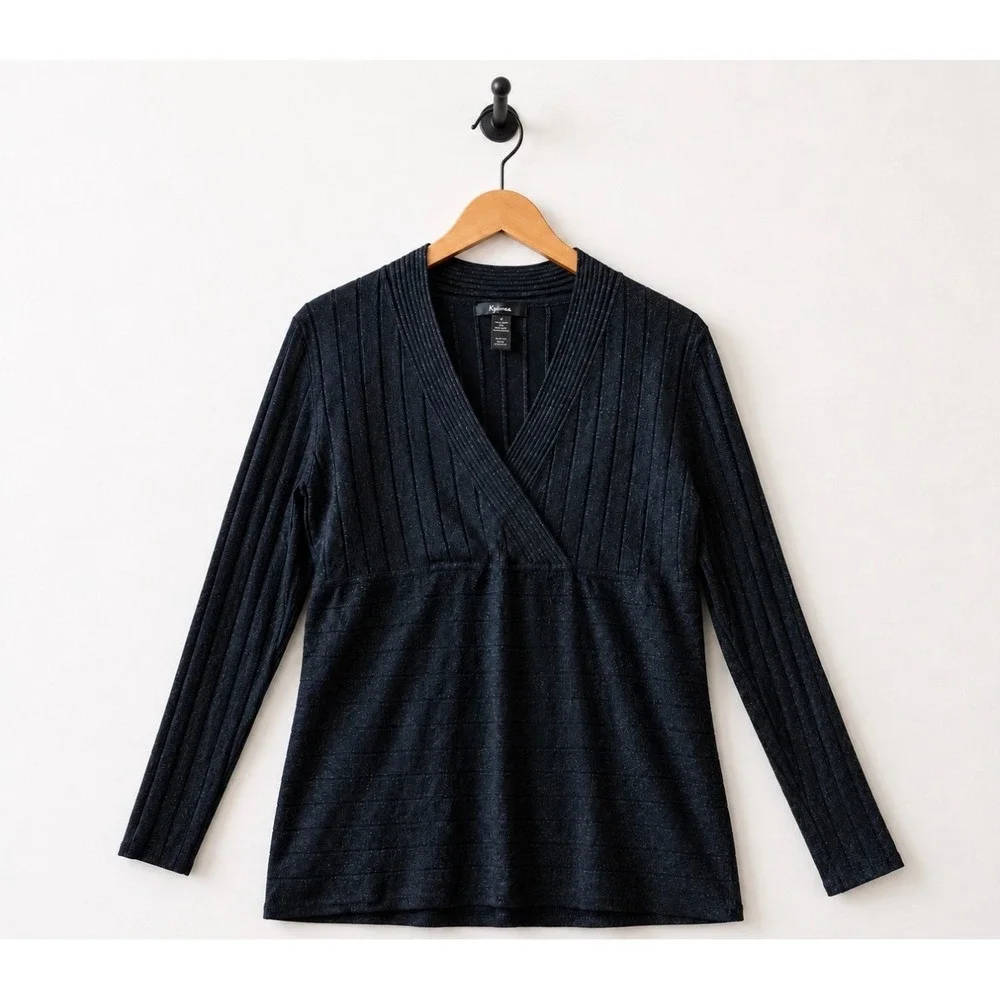Style & Co Black Metallic Ribbed V-Neck Sweater Top Size‎ Large